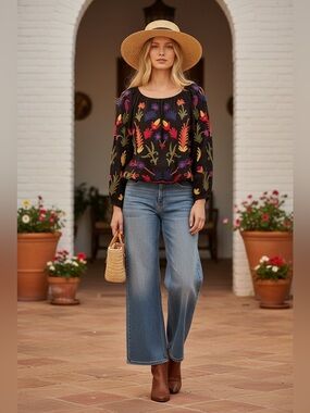 Laurie Felt Black Embroidered Floral Peasant Blouse